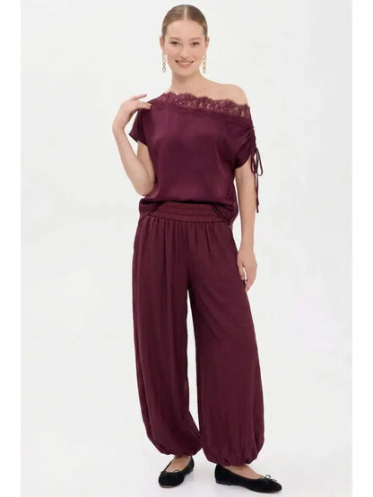 Silky Balloon Leg Pants- Wine