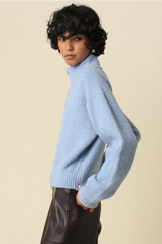 Halen Zip-Up Mock Neck Cardigan- Blue