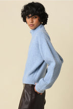 Halen Zip-Up Mock Neck Cardigan- Blue