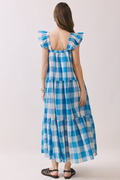 Checkered Babydoll Maxi Dress- Blue