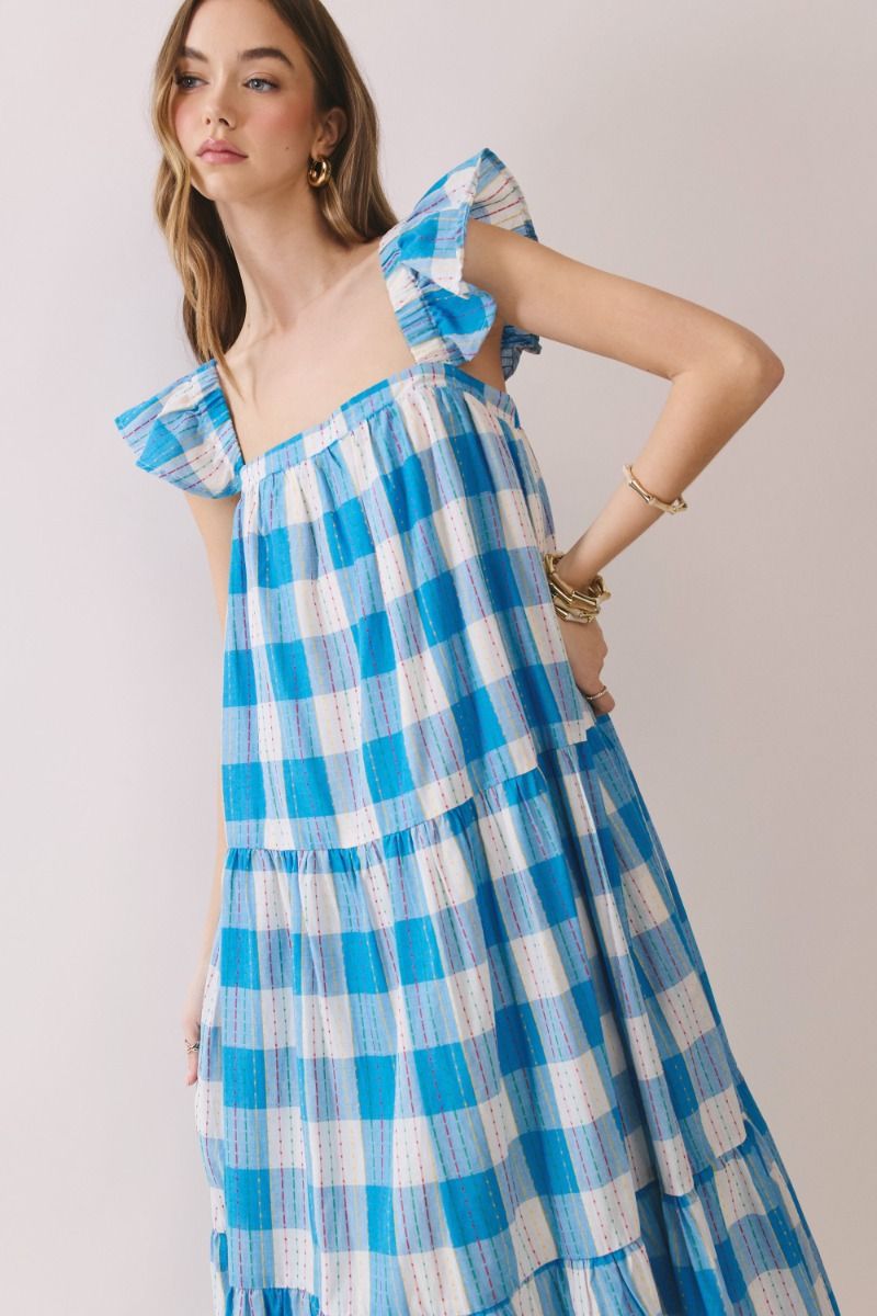 Checkered Babydoll Maxi Dress- Blue