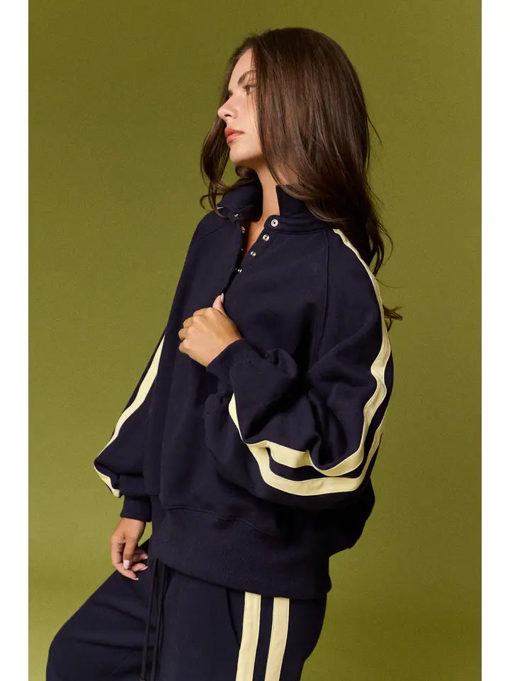 Snap Collar Varsity Sweatshirt- Navy/Yellow