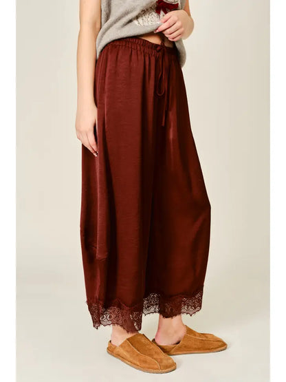 Lace Trim Satin Drawstring Barrel Pants- Rust