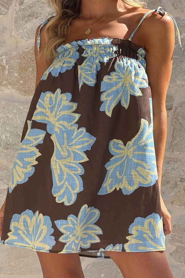 Palma Floral Mini Dress- Brown/Blue