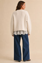 Crew Neck Lace Hem Sweater- Cream