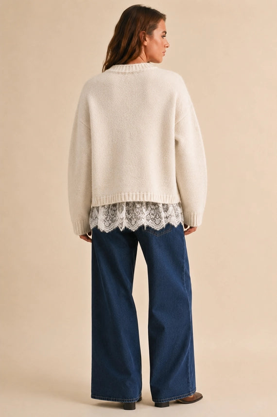 Crew Neck Lace Hem Sweater- Cream