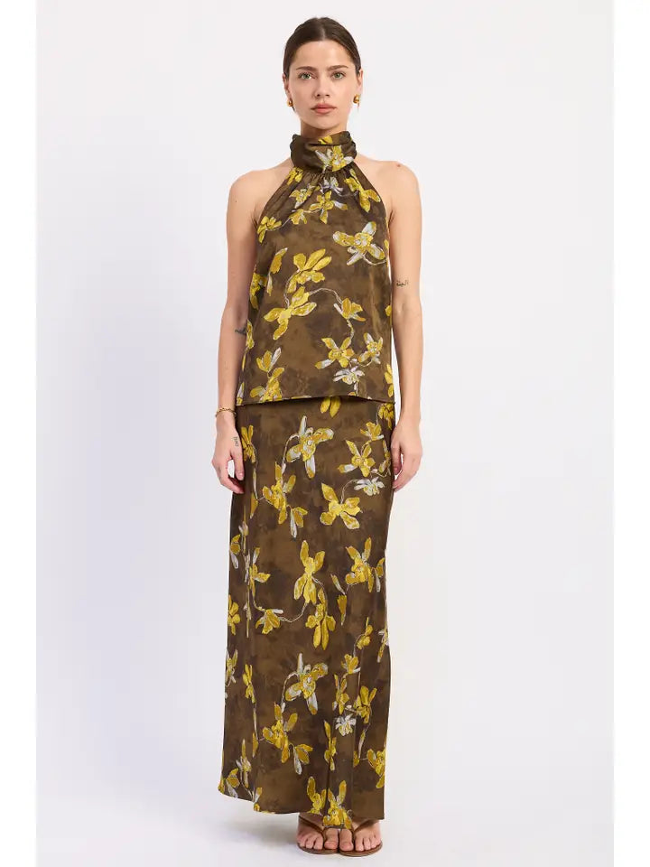 Halter Satin Floral Maxi Skirt Set- Olive/Mustard