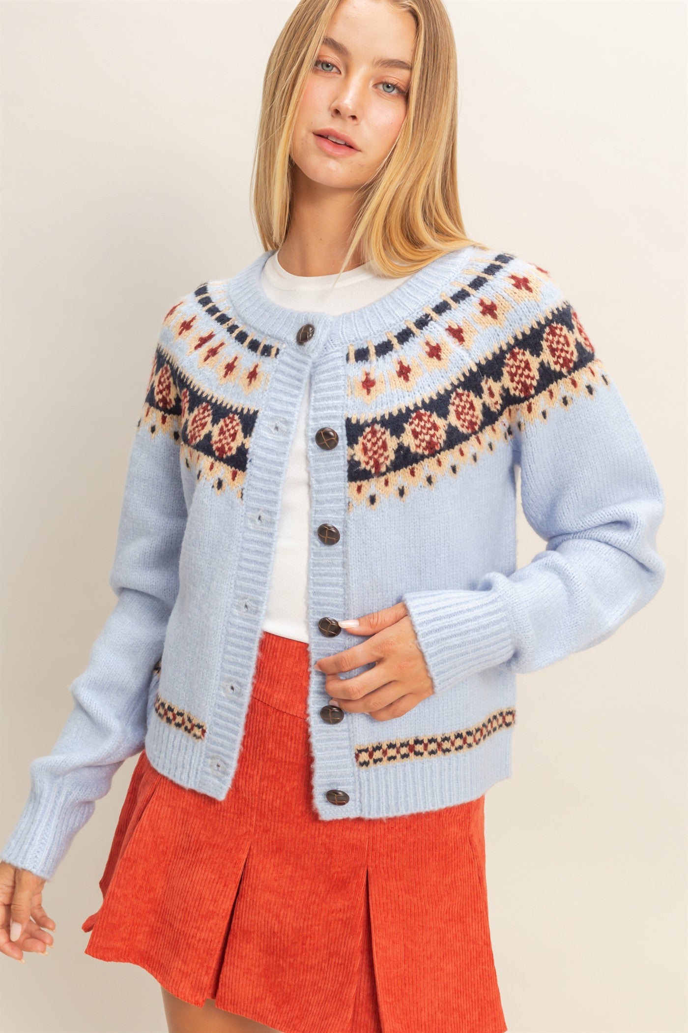 Alyssa Fair Isle Cardigan- Light Blue