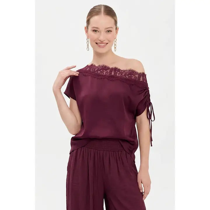 Maeve Lace Trim Top- Wine