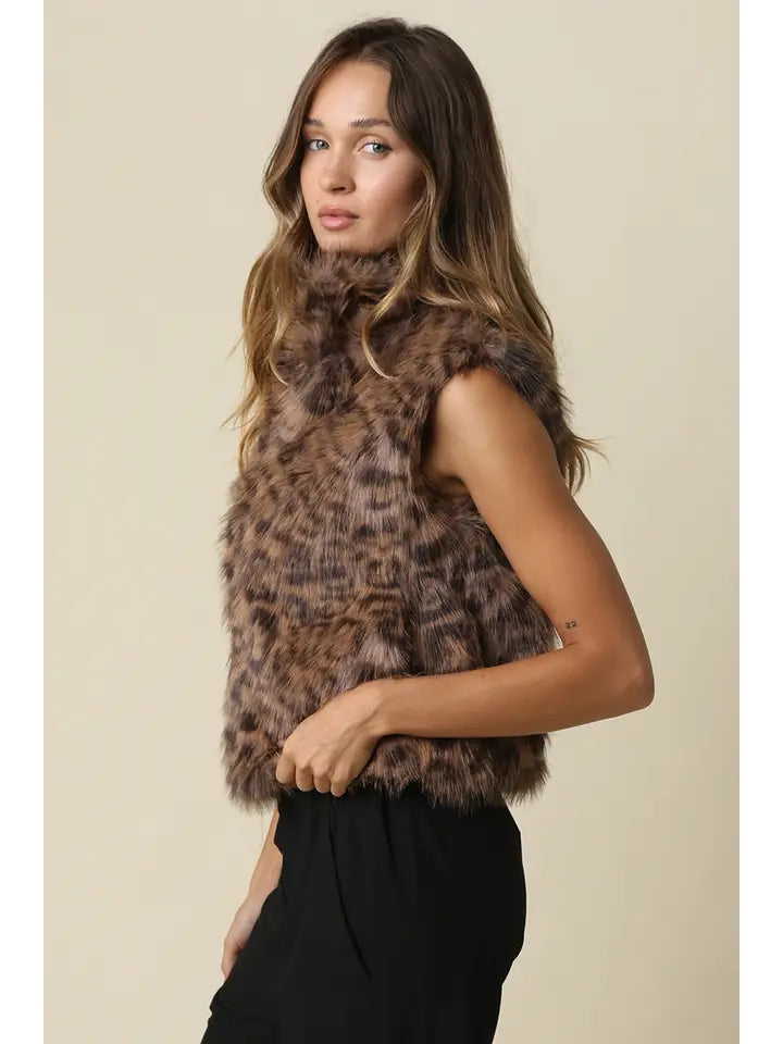 Cameron Leopard Faux Fur Vest- Brown