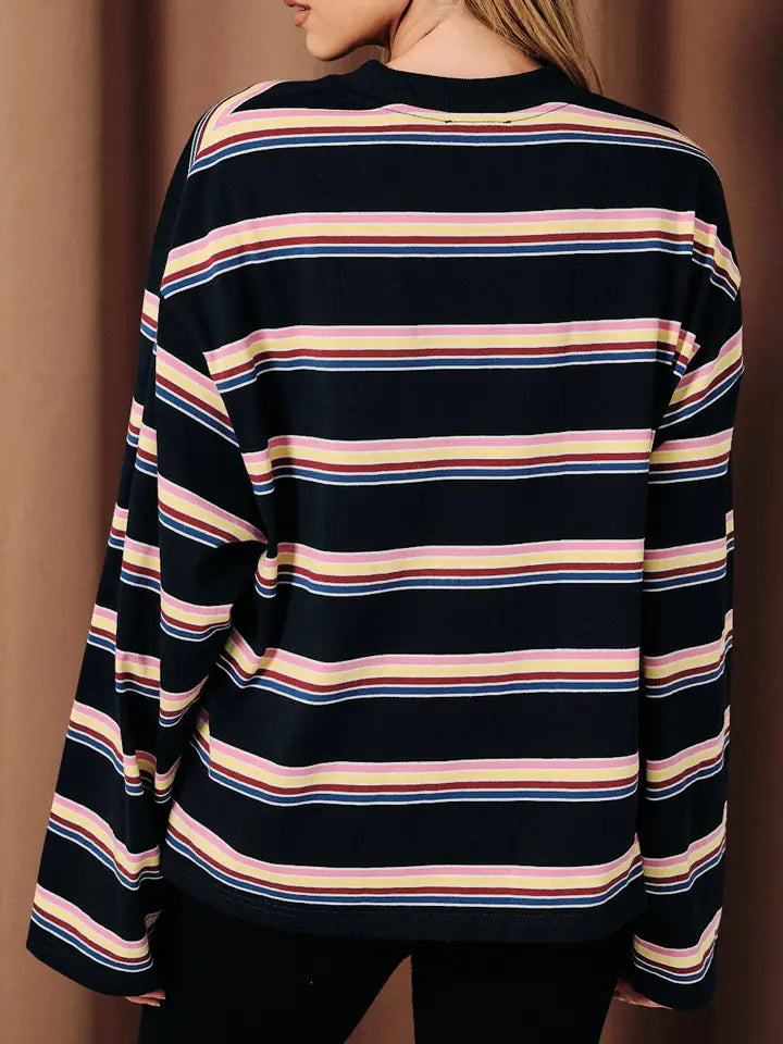 Multi Striped Crew Neck Top- Navy