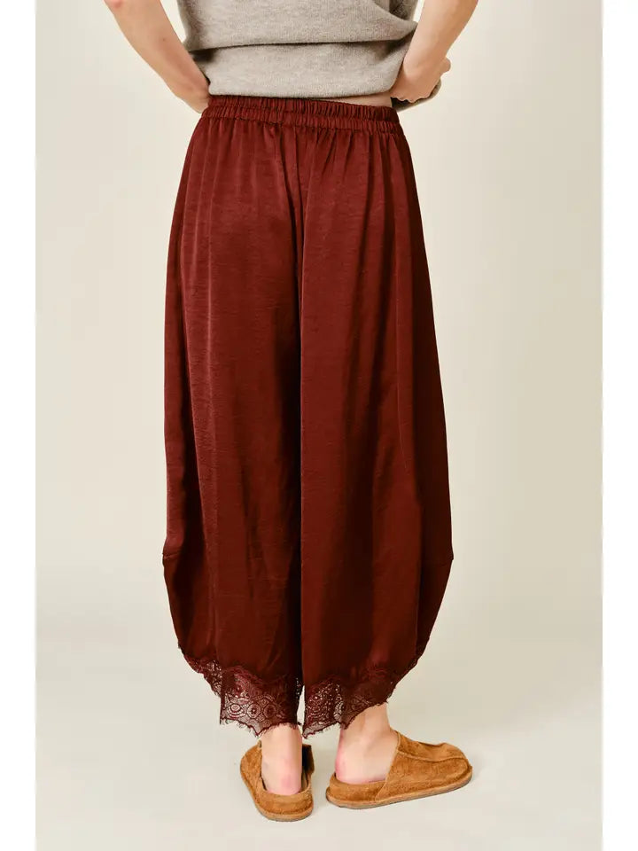 Lace Trim Satin Drawstring Barrel Pants- Rust