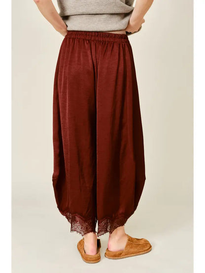 Lace Trim Satin Drawstring Barrel Pants- Rust