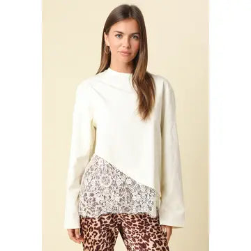 Charlie Asymmetric Lace Trim Top- Cream