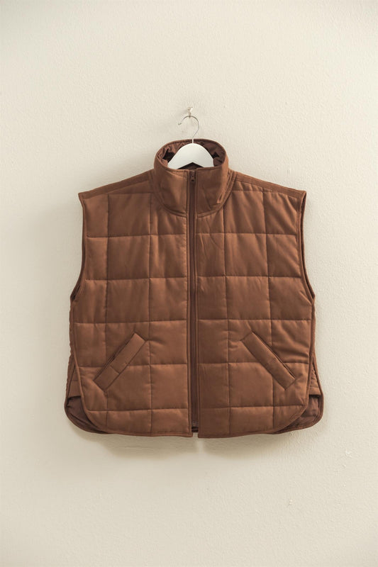 Quilted Zip-front Vest- Brown