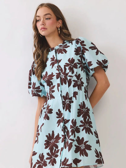 Avena Floral Mini Dress- Blue/Brown