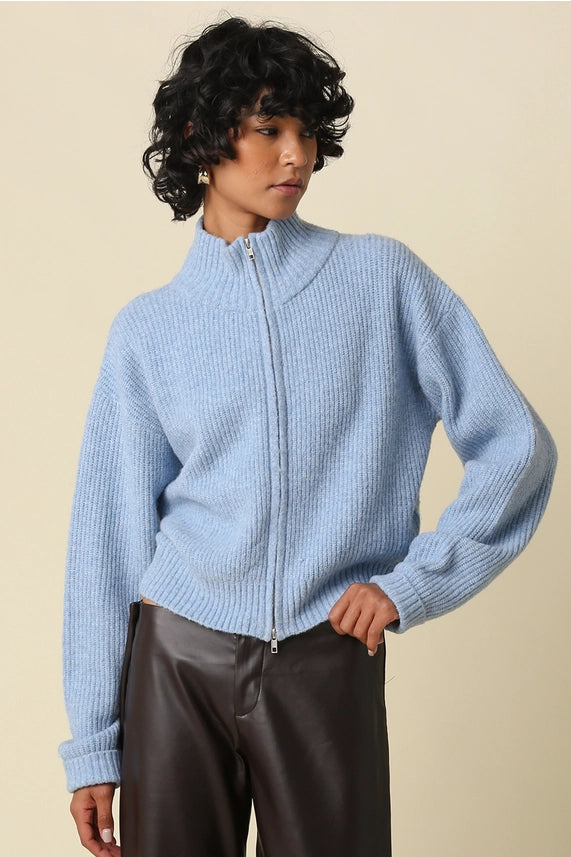 Halen Zip-Up Mock Neck Cardigan- Blue