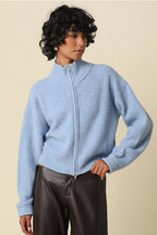 Halen Zip-Up Mock Neck Cardigan- Blue