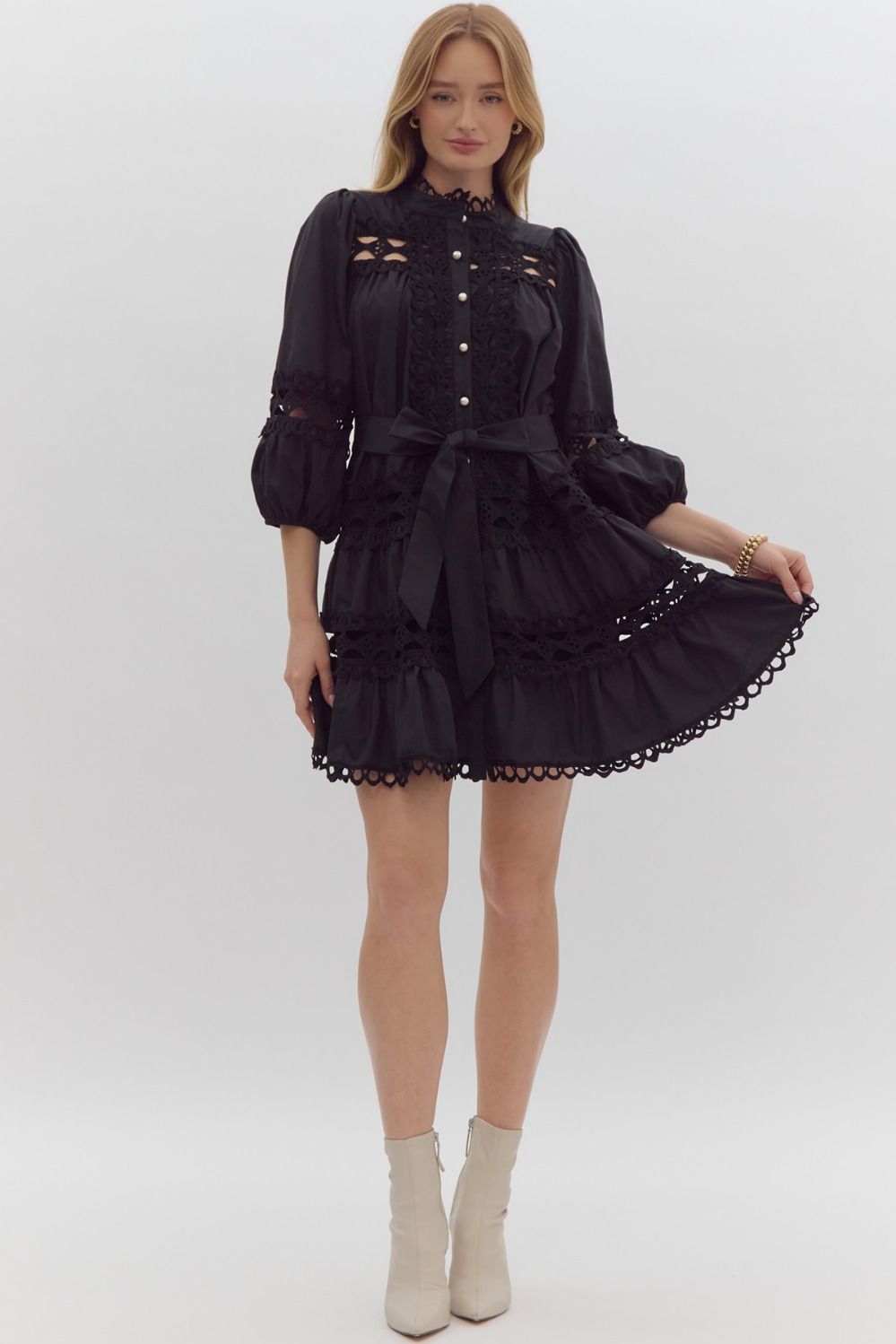 Pearl Button Mini Dress- Black