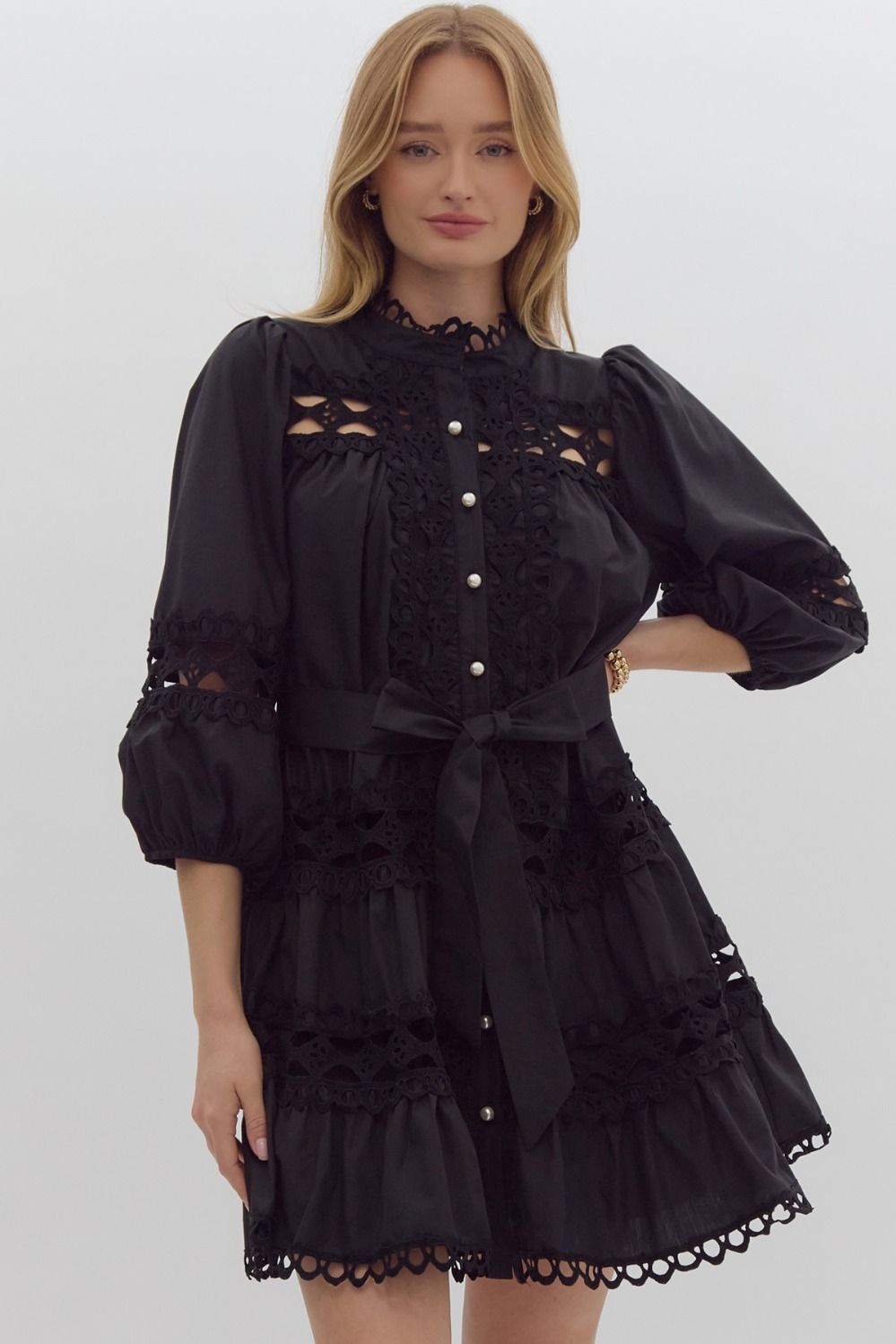 Pearl Button Mini Dress- Black