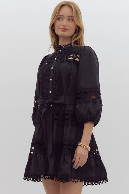 Pearl Button Mini Dress- Black