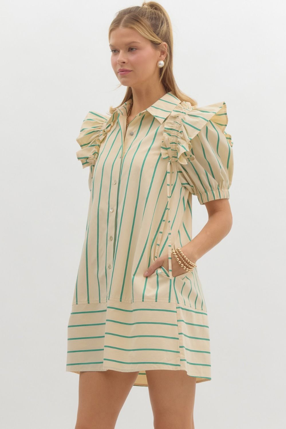 Nova Stripe Dress- Green/Cream