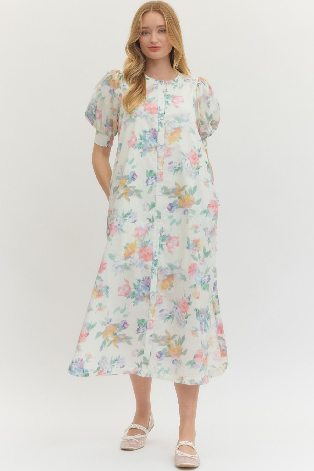 Emily Floral Midi Dress- Cream
