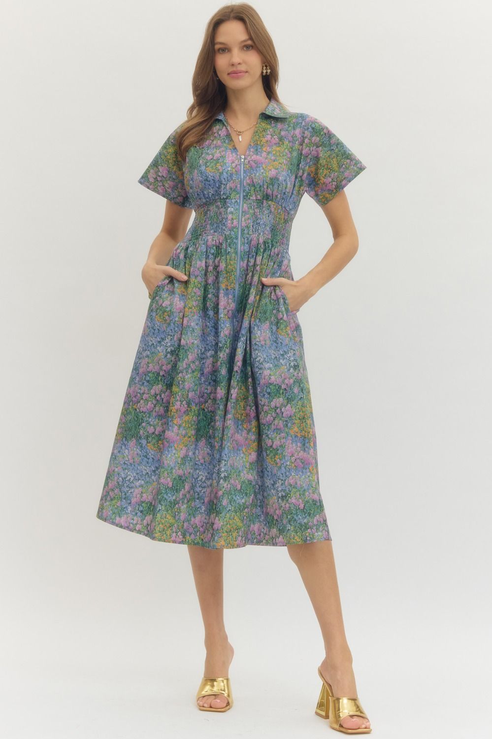 The Garden Zip Dress- Blue