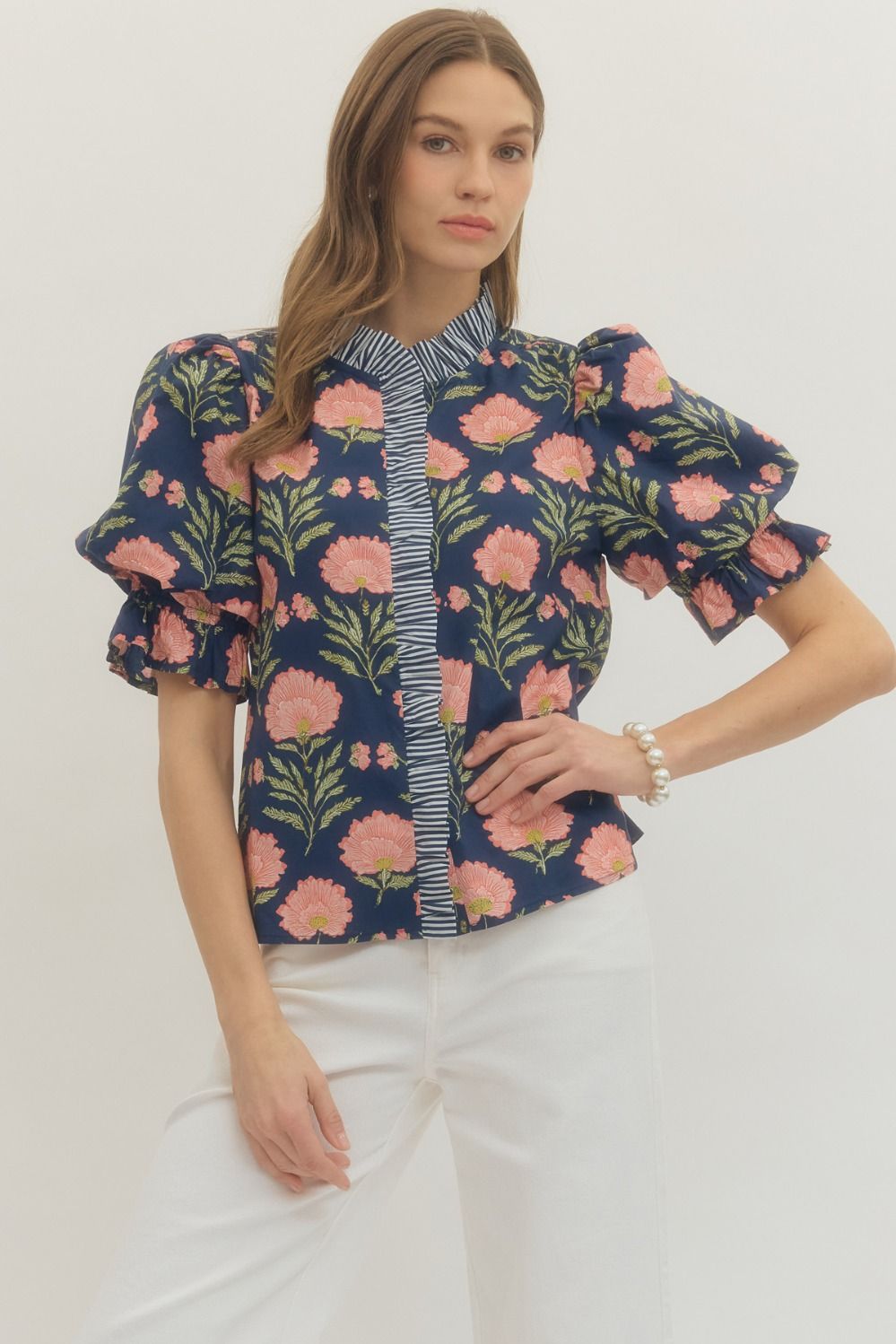 Beatrice Floral Top- Navy