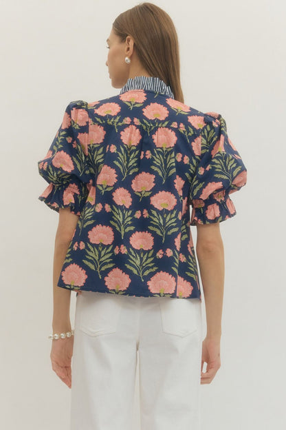 Beatrice Floral Top- Navy