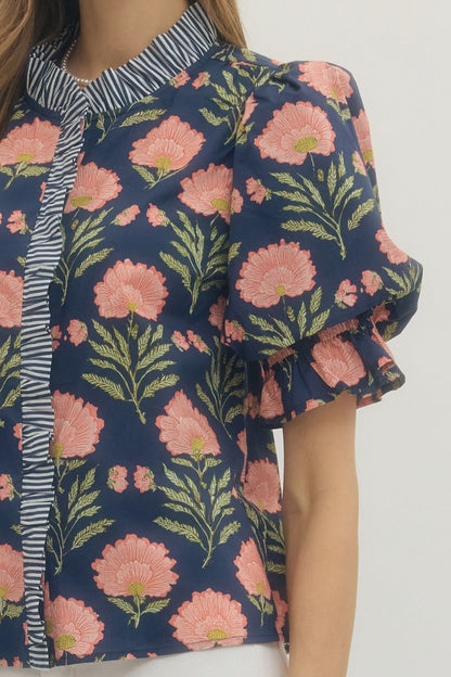 Beatrice Floral Top- Navy