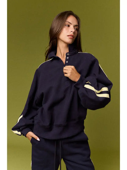 Snap Collar Varsity Sweatshirt- Navy/Yellow