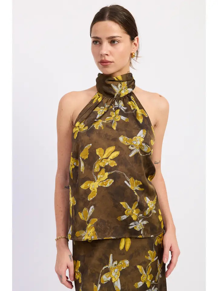 Halter Satin Floral Maxi Skirt Set- Olive/Mustard