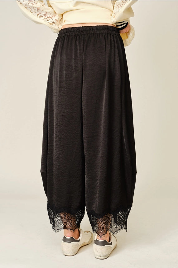 Lace Trim Satin Drawstring Barrel Pants- Black