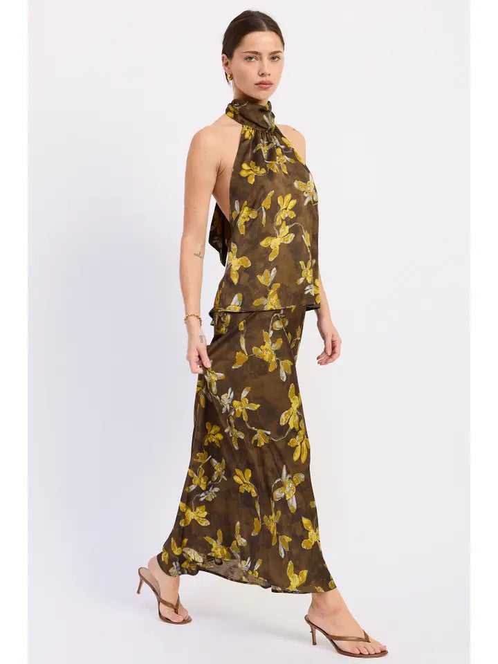 Halter Satin Floral Maxi Skirt Set- Olive/Mustard