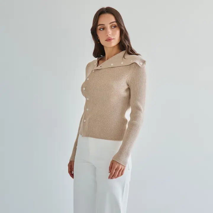 Asymmetrical Button Sweater- Sand