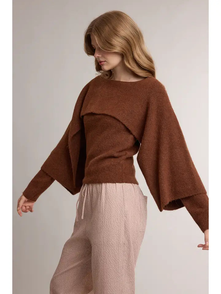 Layered Cape Sweater Top- Chocolate