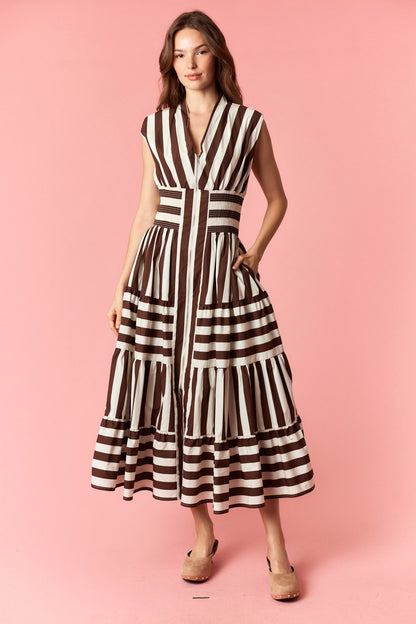 Wide Stripe V Neck Zip Up Maxi Dress- Brown/White