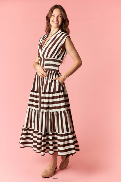 Wide Stripe V Neck Zip Up Maxi Dress- Brown/White