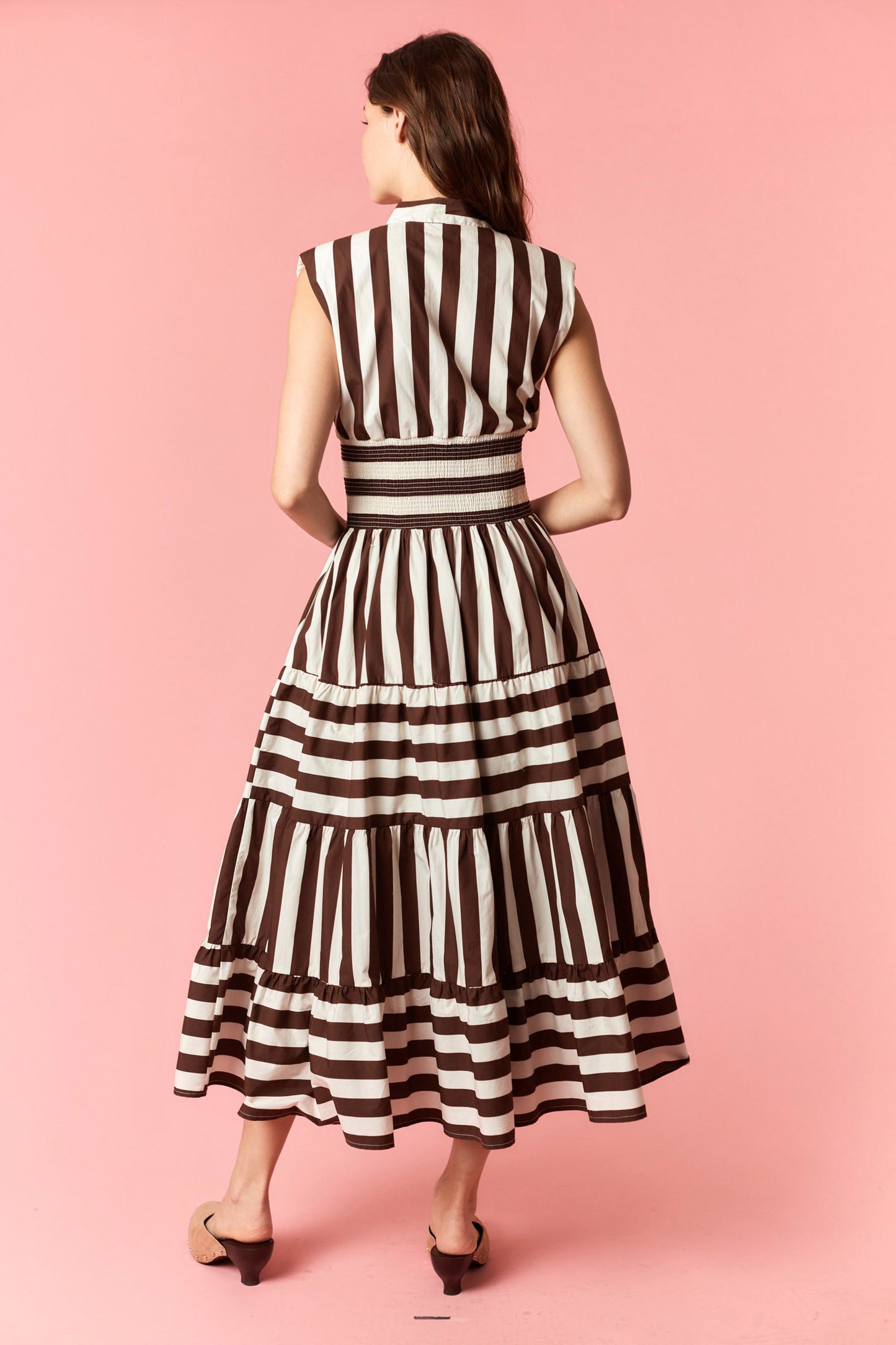 Wide Stripe V Neck Zip Up Maxi Dress- Brown/White