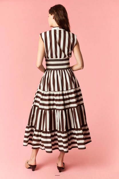 Wide Stripe V Neck Zip Up Maxi Dress- Brown/White