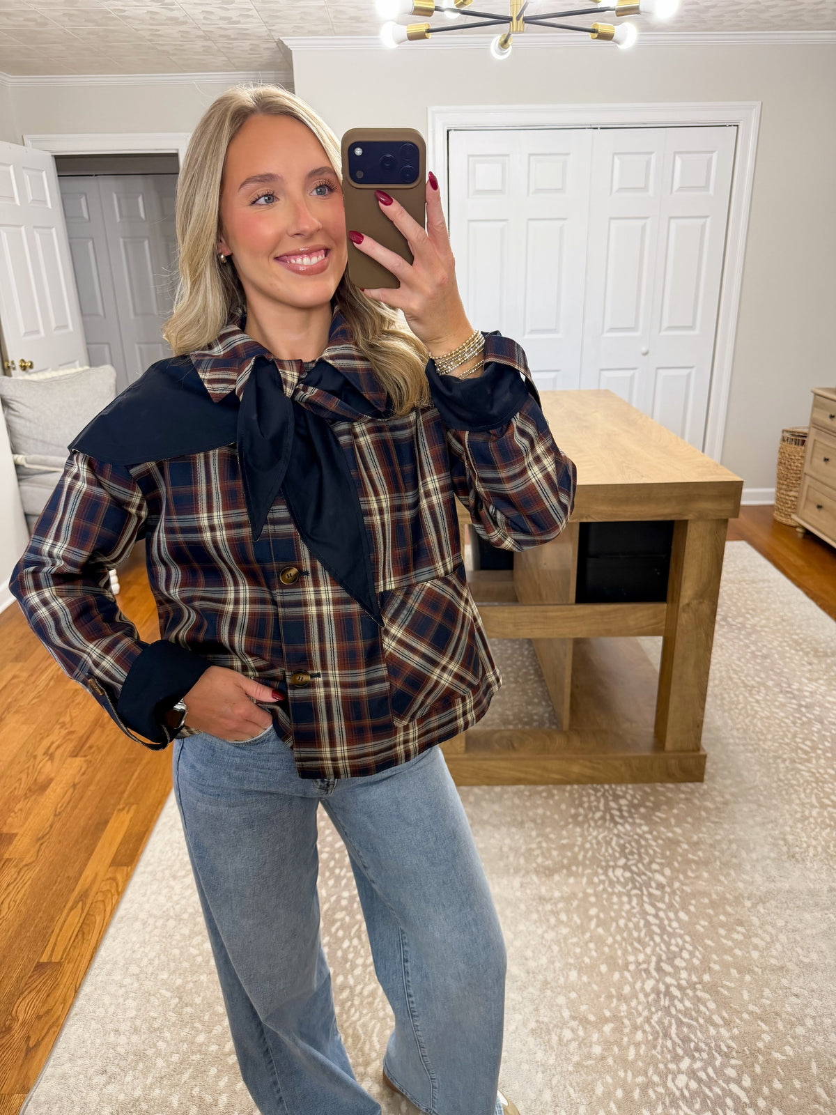 Reversible Detachable Plaid Cape Scarf Button Down Jacket