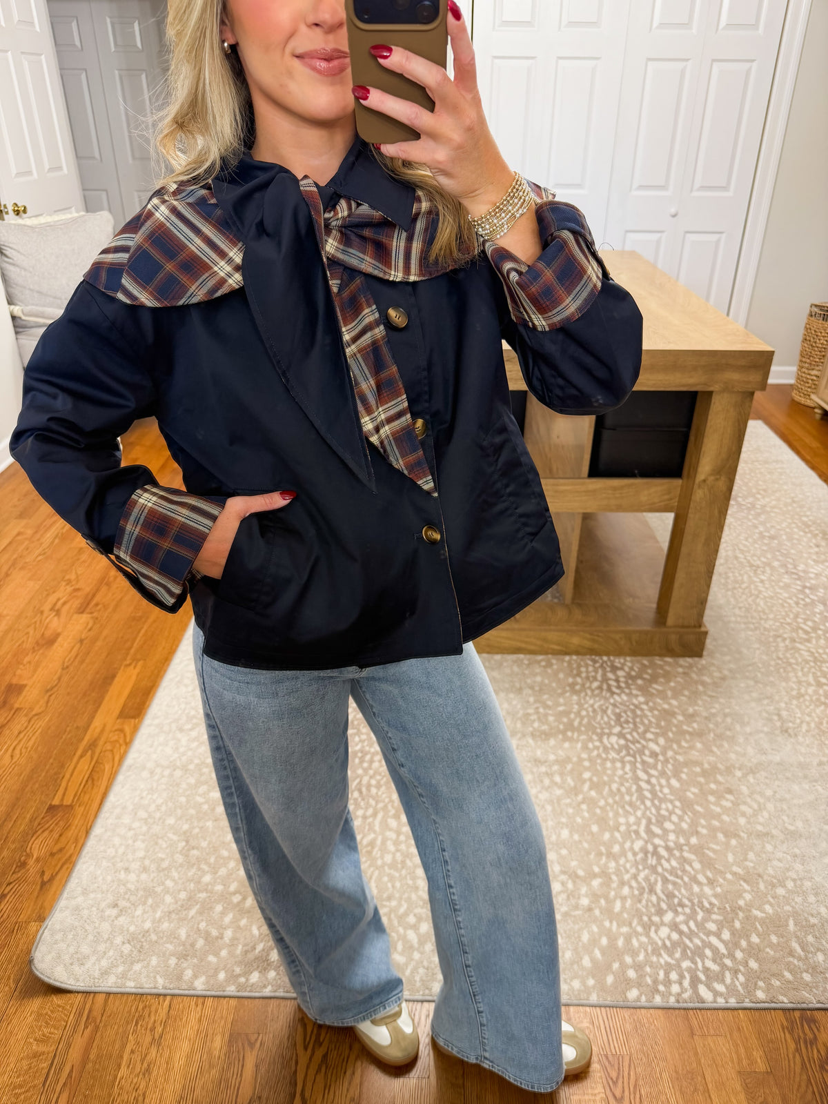 Reversible Detachable Plaid Cape Scarf Button Down Jacket