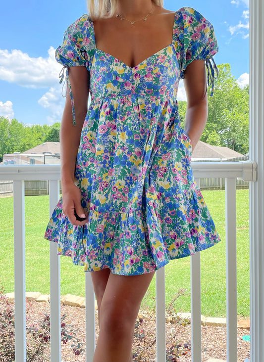 Sweetheart Mini Dress- Blue Floral