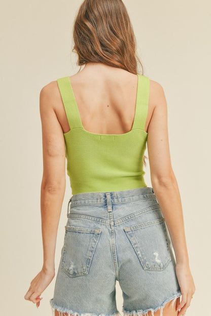 Ribbed V- Neck Top- Lime