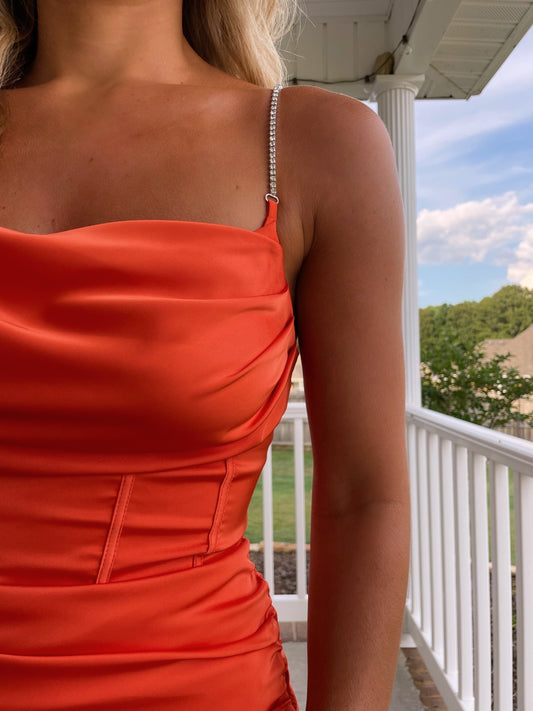 Satin Rhinestone Strap Dress- Orange