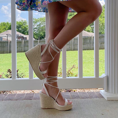 Lace Up Wedge- Light Bone