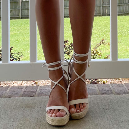 Lace Up Wedge- Light Bone