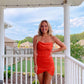 Satin Rhinestone Strap Dress- Orange