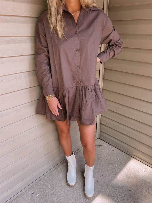 Button Up Shirt Dress- Brown